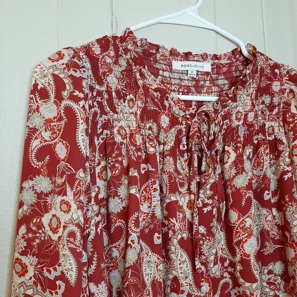 Rose + Olive Blouse Red Women Size M Boho Tassels Paisley Long Sleeve Button Up - Picture 6 of 11